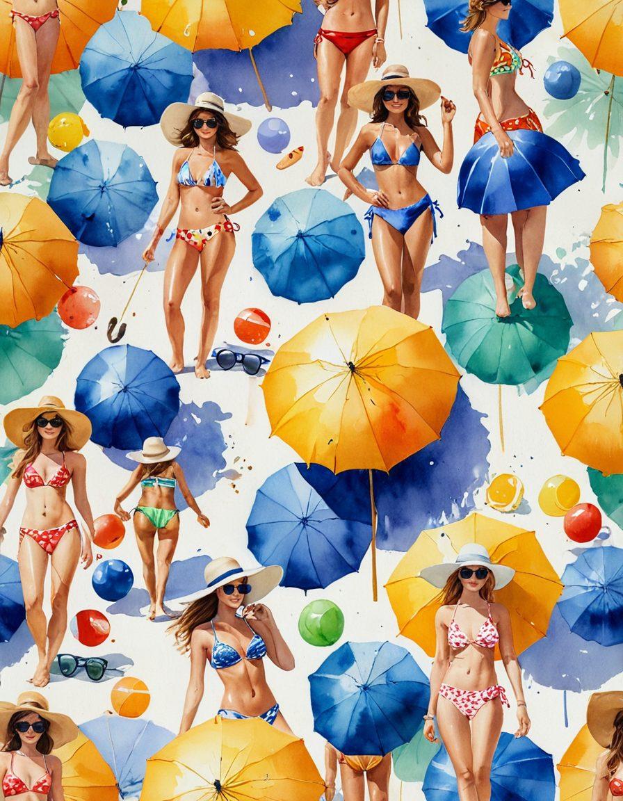A sun-drenched beach scene featuring diverse models showcasing vibrant and chic bikini styles, complete with stylish beach accessories like hats, sunglasses, and vibrant towels. The backdrop includes gently crashing waves and a clear blue sky, with beach umbrellas and playful beach balls scattered around. The colors should be bright and inviting, capturing the essence of summer fun. watercolor painting. vibrant colors. dynamic composition.