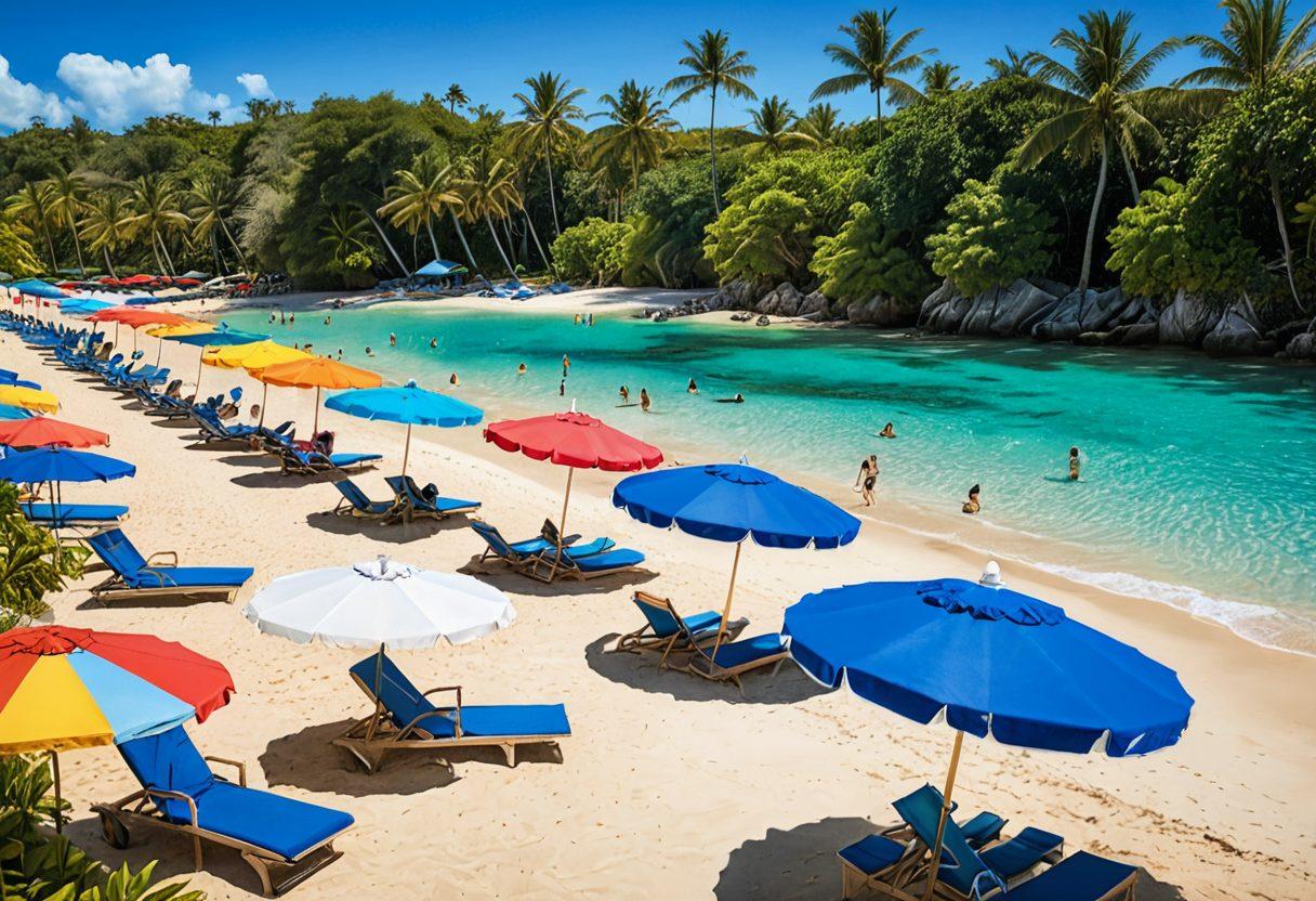 A stylish beach scene featuring a diverse group of fashionably dressed individuals showcasing the latest resort wear and swimwear. The backdrop includes palm trees, sparkling blue water, and colorful beach umbrellas, emphasizing a sunny tropical vibe. Include a variety of outfits such as vibrant dresses, chic swimsuits, and trendy accessories. The scene is filled with life, laughter, and a sense of vacation bliss. super-realistic. vibrant colors. tropical theme.