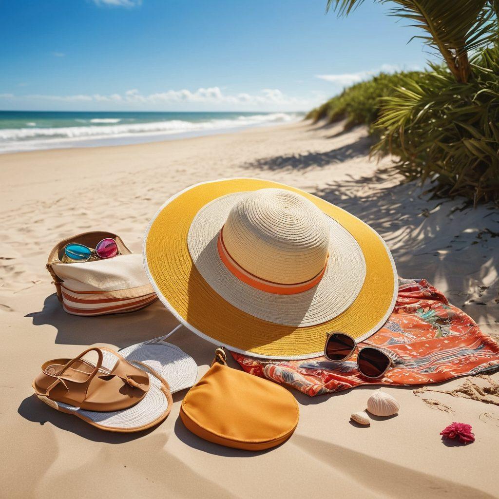 A vibrant beach scene showcasing an array of chic swimwear and stylish accessories. Include a colorful beach umbrella, fashionable sunglasses, a sun hat, and a trendy beach bag on a sandy shore with gentle waves in the background. Surround the scene with tropical plants and seashells to evoke a relaxed summer vibe. Make it bright and inviting, capturing the essence of beach fashion. super-realistic. vibrant colors. sunny atmosphere.